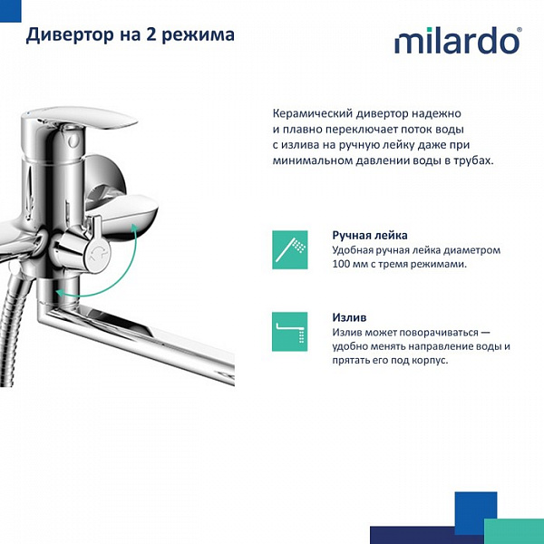 Смеситель для ванны с длинными изливом, глянцевый хром, Rora, Milardo, RORSB00M10