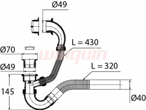 Слив-перелив Wirquin Эконом поворотный с пласт. чашками, перелив L430 мм, гофропатрубок L320 мм 40х40 мм
