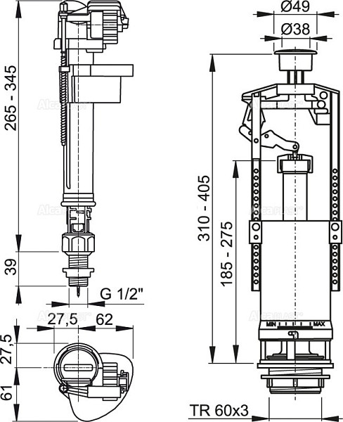 Арматура для бачка сливная/наливная 1/2" нижнее подключение кнопка хром старт-стоп Alca Plast SA2000SK 1/2" CHROM