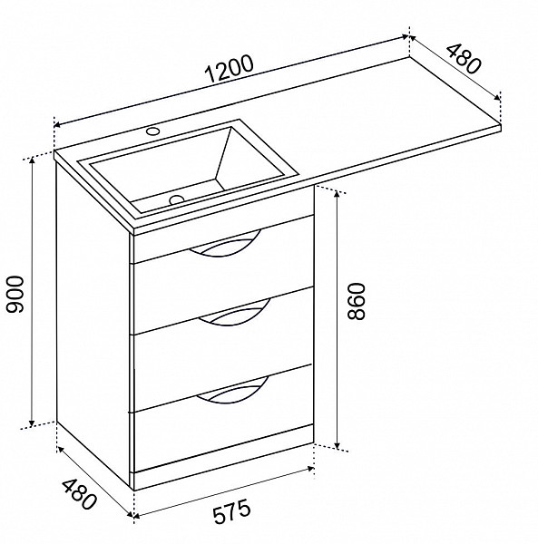 Тумба МИЛЛИ 1200 с 3 ящиками к умывальнику Камила 1200 над стиральной машиной