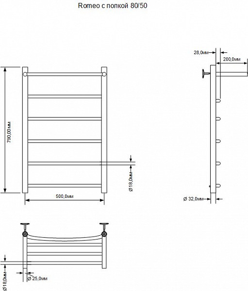 Полотенцесушитель электрический Aquanet Romeo 80х50 Тэн справа, с полкой 00281991
