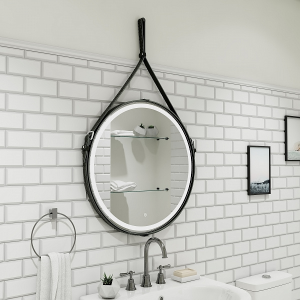 Зеркало Континент "Millenium Black Led" D 650 на ремне из натуральной кожи черного цвета