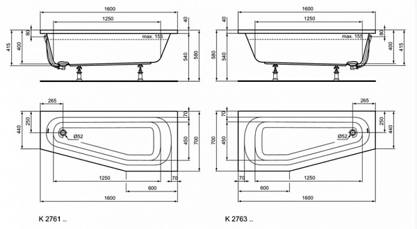 Акриловая ванна Ideal Standard Hotline SpaceSaver K276101 160x70 правая