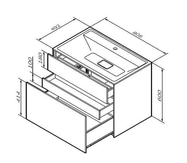 M50AFHX0803GM Inspire V2.0, База под раковину, подвесная, 80 см, 3 ящика, push-to-open, графит матов