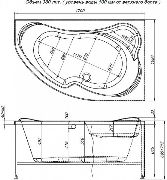 Акриловая ванна Aquanet Capri 170x110 R (с каркасом) 00205387
