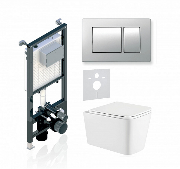 Комплект KOLLER POOL для монтажа  подвесного унитаза: Инсталляция Alcora ST 1200 с клавишей KVADRO Matt Chrome, Унитаз KVADRO Rimless, сиденье дюропласт: SoftClose, Take Off, антибактериальное покрытие, система «Антивсплеск»