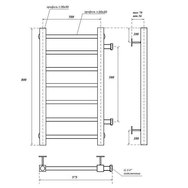Полотенцесушитель водяной Point Вега PN71558 П7 500x800 с боковым подключением 500, хром