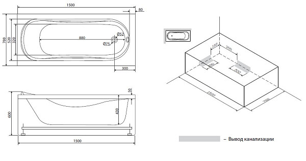 82A-150-070W-R Origin Evo, каркас с монтажным набором 150х70, комплект