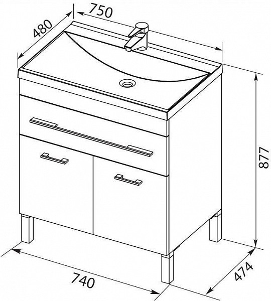 Тумба с раковиной Aquanet Верона 75 белый (напольная 1 ящик 2 дверцы) 00287670