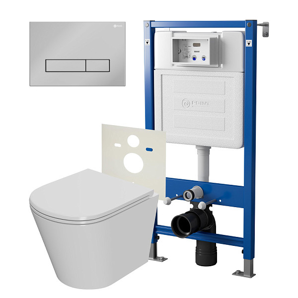 Сет: Система инсталляции Point Элемент для подвесного унитаза PN45120 + Клавиша смыва для инсталляции Point Меркурий, хром, PN44831C + Унитаз подвесной Point Виктория безободковый, сиденье микролифт PN41061