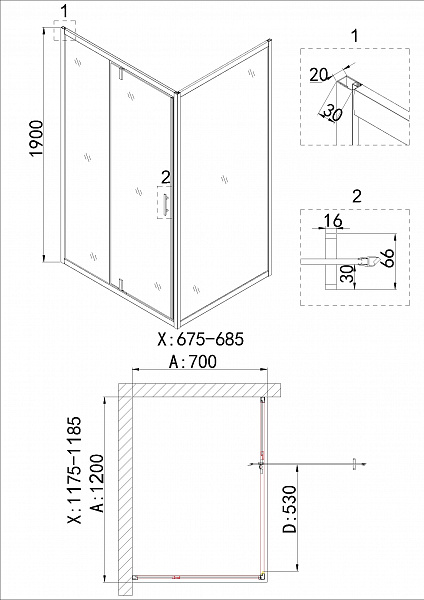Душ.ограждение NG-43-12AG-A70G (120*70*190) прямоугольник, дверь распашная, 2 места