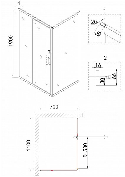 Душ.ограждение NG-43-11AG-A70G (110*70*190) прямоугольник, дверь распашная, 2 места