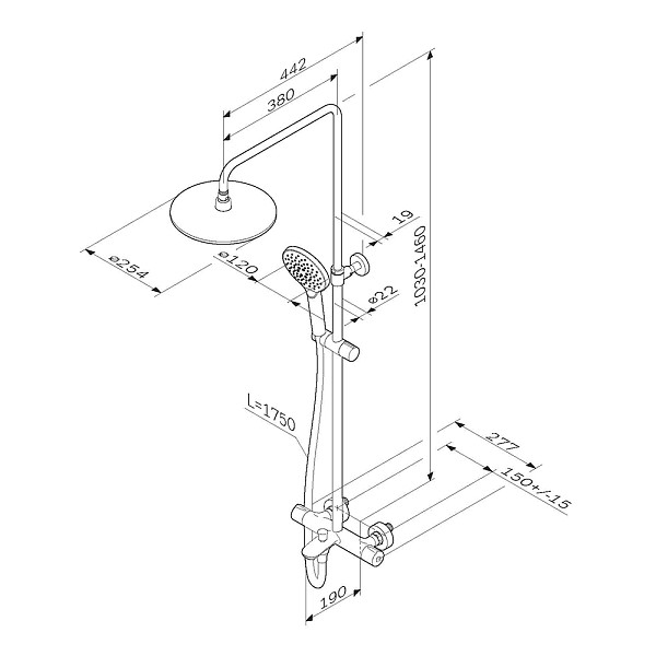 F0780564 Like душ.система, набор: смеситель д/ванны/душа с термостатом, верх.душ.d 250 мм, ручной ду
