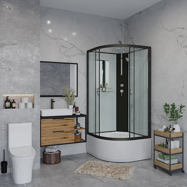 Душ.каб. NG-6708-14BKT (900х900х2100-2400) высокий поддон(40см) стекло ПРОЗРАЧНОЕ черные профиля 4 места