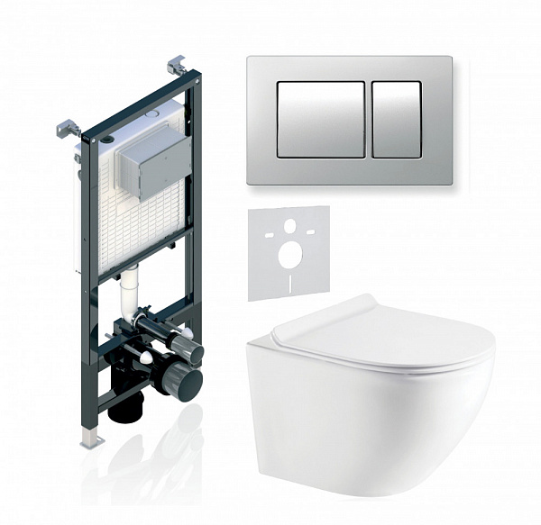 Комплект KOLLER POOL для монтажа  подвесного унитаза: Инсталляция Alcora ST 1200 с клавишей KVADRO Matt Chrome, Унитаз ROUND Rimless, сиденье дюропласт: SoftClose, Take Off, антибактериальное покрытие, система «Антивсплеск»