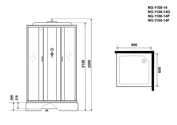 Душ.каб. NG-1108-14F (900х900х2150) средний поддон(26см) стекло МАТОВОЕ 4 места с полкой