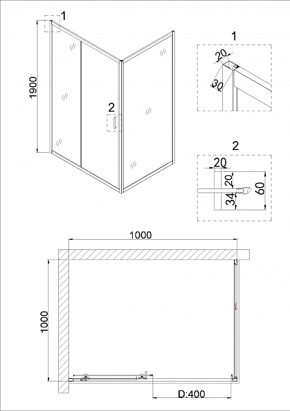 Душ.ограждение NG-42-10AG-A100G (100*100*190) квадрат, дверь раздвижная, 2 места