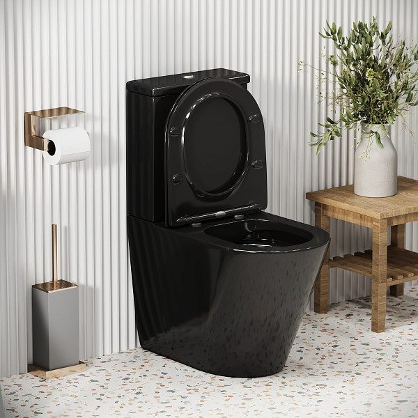 Унитаз GR-4480BS Color (620*365*810) ЧЕРНЫЙ напольный БЕЗОБОДКОВЫЙ с тонкой крышкой, 2 места