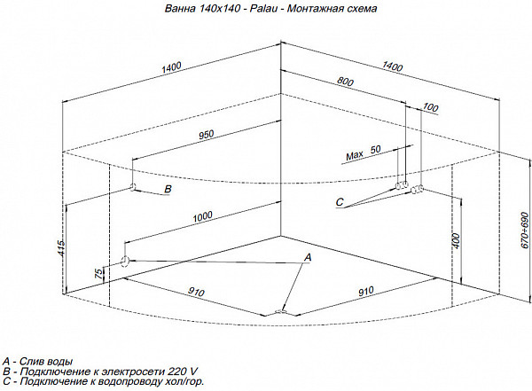 Акриловая ванна Aquanet Palau 140x140 (с каркасом) 00205535