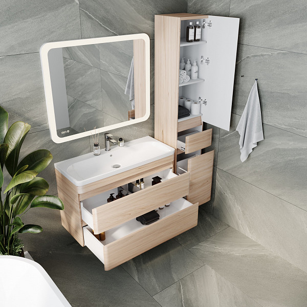 Тумба подвесная Style line Атлантика 100, Люкс ясень перламутр, под раковину, PLUS