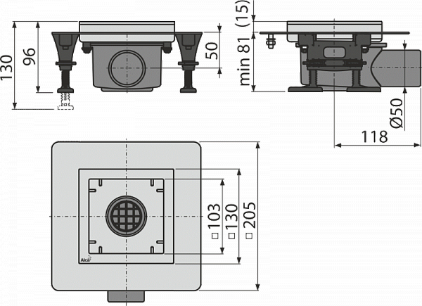 Сливной трап AlcaPlast APV120 из нержавеющей стали низкий 130x130