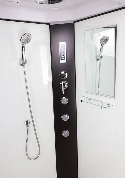 Душ.каб. NG-6701-14F (900х900х2150) средний поддон(26см) стекло ПРОЗРАЧНОЕ черные профиля 4 места