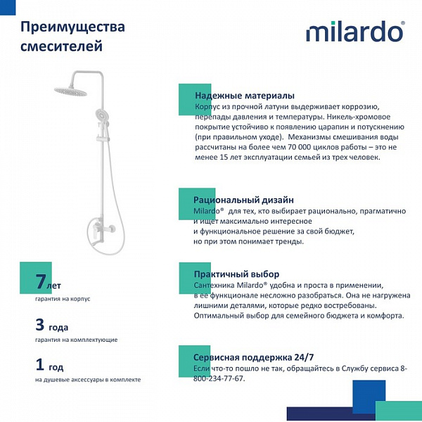 Смеситель для ванны с верхним душем, белый матовый, Rora, Milardo, RORWT4FM06