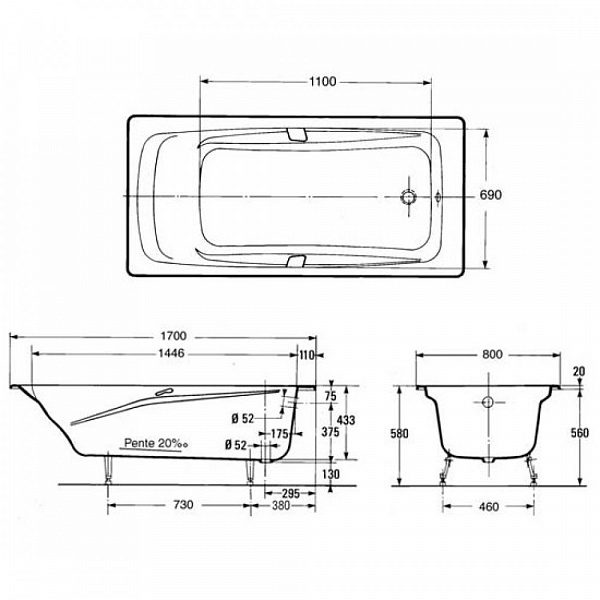 Чугунная ванна Jacob Delafon Repos 180x85 с отверстиями под ручки E2903-00