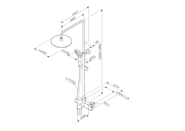 F0790520 Gem душ.система, набор: смеситель д/ванны/душа с термостатом, верхн. душ d 220 мм, ручн.душ