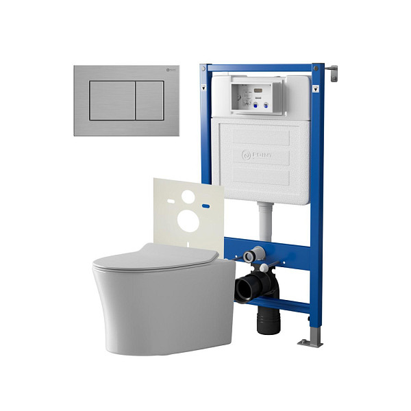 Сет: Система инсталляции Point Элемент для подвесного унитаза PN45120 + Клавиша смыва для инсталляции Point Ника, нержавеющая сталь, сталь брашированная, PN44081SB + Унитаз подвесной Point Вега безободковый, сиденье микролифт PN41711