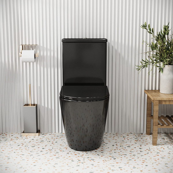 Унитаз GR-4480BS Color (620*365*810) ЧЕРНЫЙ напольный БЕЗОБОДКОВЫЙ с тонкой крышкой, 2 места