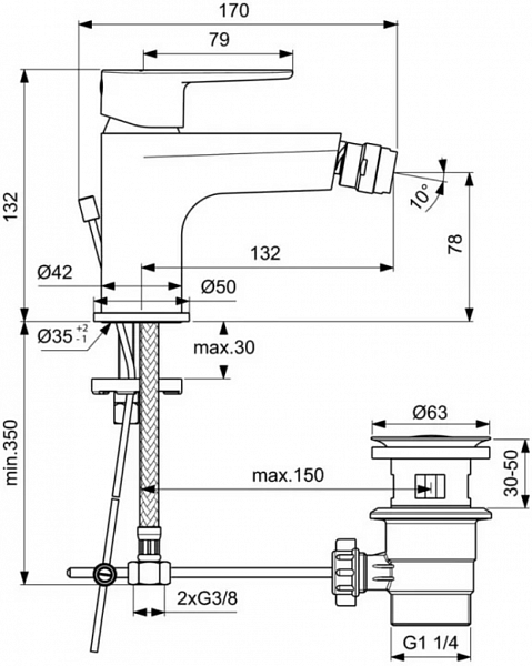 Смеситель Ideal Standard Cerafine O BC498AA для биде с донным клапаном