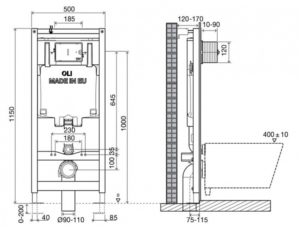 Инсталляция в комплекте с пневматической панелью слива OLI 80 300573pKA00