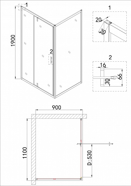Душ.ограждение NG-43-11AG-A90G (110*90*190) прямоугольник, дверь распашная, 2 места