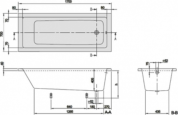 Акриловая ванна Villeroy & Boch Targa Plus Mono 170x70 с ножками в комплекте UBA177NES2V01+U99740000