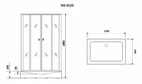 Душ. уголок NG-0120-14 (1200х800х1950) низкий поддон(14см), стекло прозрачное,  2 места