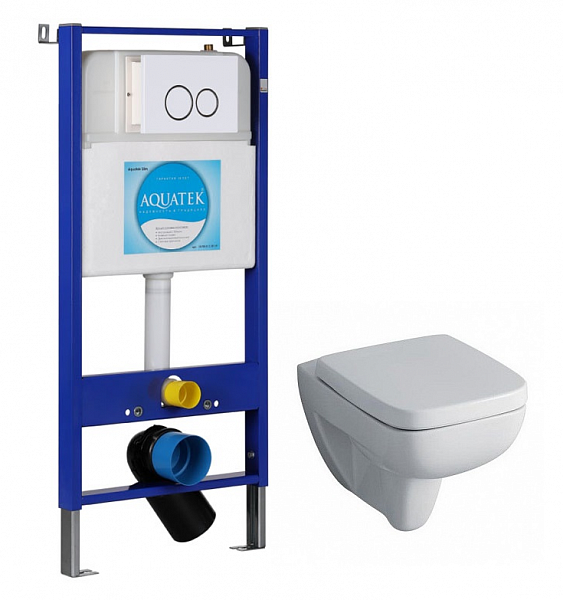 Комплект унитаз подвесной Geberit Renova Compact Square с крышкой-сиденьем и инсталляция Aquatek Slim 