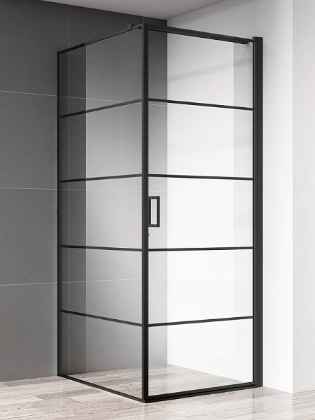 Душевой уголок AQUAme 800*800*1950мм., стекло 6мм, цвет профиля матовый черный, горизонтальные линии.