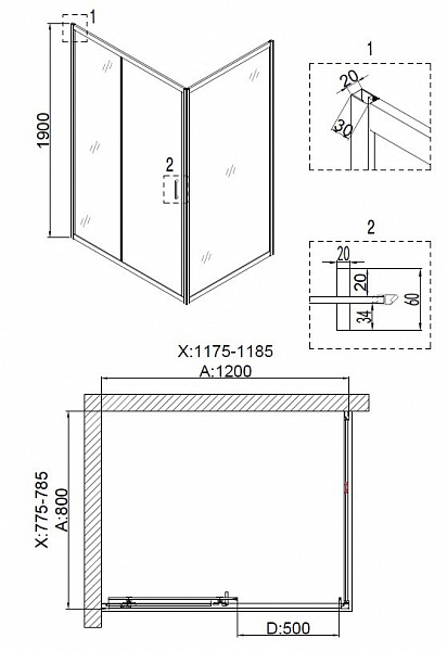 Душ. ограждение Niagara NG-6812-08 BLACK (120*80*190) прямоугольник, дверь раздвижная, 2 места
