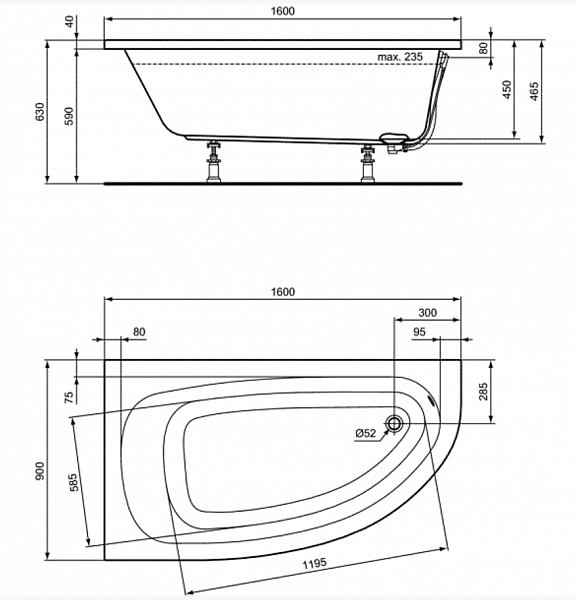 Акриловая ванна Ideal Standard Hotline Offset K275801 160x90 левая