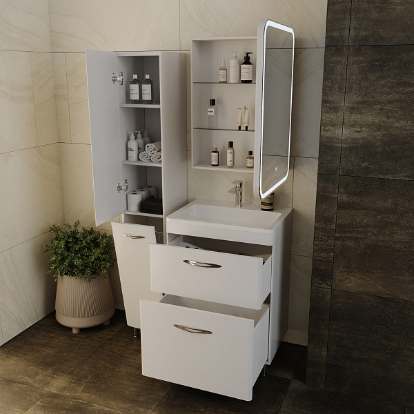 Тумба напольная Style line Каре 60, 2 ящика, Люкс белая, под раковину, PLUS