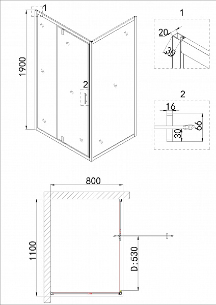 Душ.ограждение NG-43-11AG-A80G (110*80*190) прямоугольник, дверь распашная, 2 места