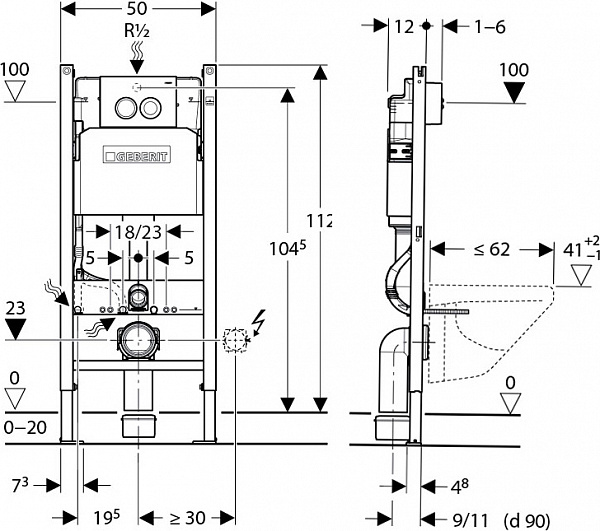 Унитаз с инсталляцией Geberit Renova 500.124.TC.R с горизонтальным выпуском