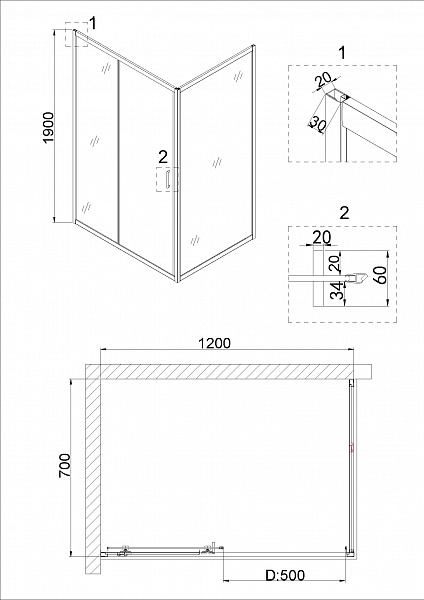 Душ.ограждение NG-42-12AG-A70G (120*70*190) прямоугольник, дверь раздвижная, 2 места