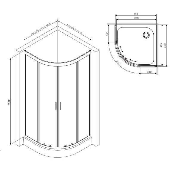 W90G-401-090BT Душевое ограждение Gem 1/4 Rond 90x90 стекло прозрачное, профиль черный матовый, без