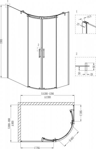 Душевой уголок Grossman GR-4130L Galaxy 130*90*190 двери раздвижные