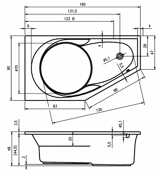 Акриловая ванна Riho Yukon 160х90 правая B008012005