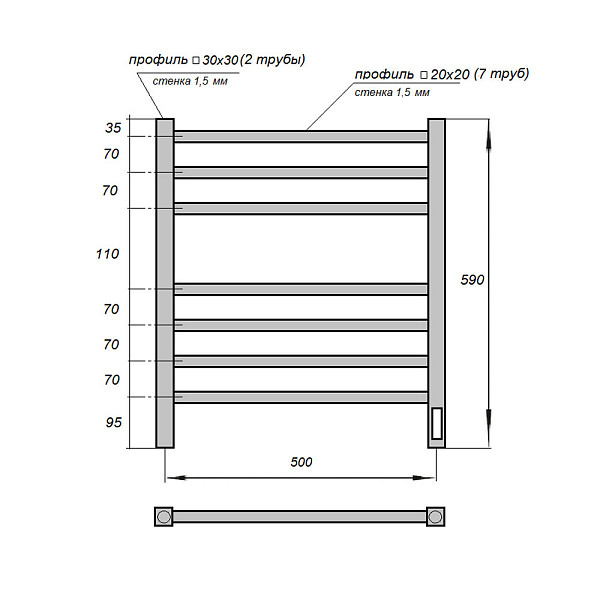 Полотенцесушитель электрический Point Вега PN71856W П7 500x600, диммер справа, белый
