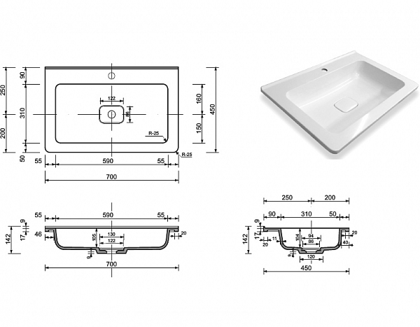 Раковина для мебели Style Line Каре Люкс 70х45