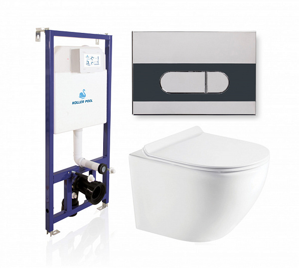 Комплект KOLLER POOL для монтажа  подвесного унитаза: Инсталляция DUNE 1200 SL с клавишей ORION Chrome&Black, Унитаз ROUND Rimless, сиденье дюропласт: SoftClose, Take Off, антибактериальное покрытие, система «Антивсплеск»